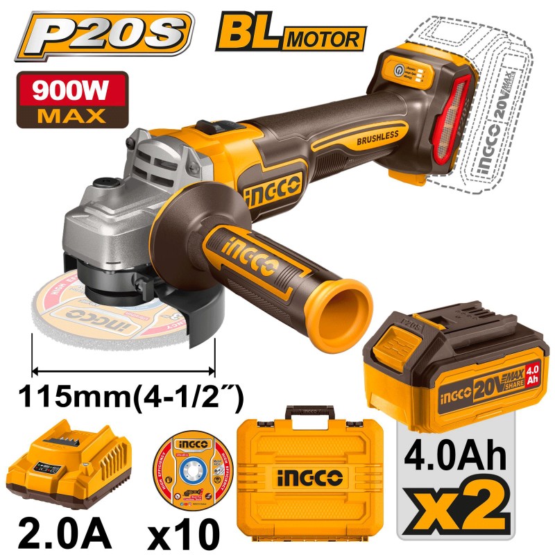 Γωνιακός Τροχός ΙΝGCO +2 μπατ 20V 